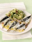 Сардины с кускусом салата на тарелке — стоковое фото