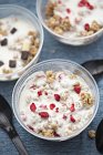 Joghurt mit Erdbeeren, Müsli und Schokolade — Stockfoto