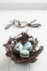 Blue macarons in Easter nest — Stock Photo