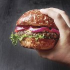 Mão segurando um hambúrguer caseiro — Fotografia de Stock