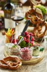 Bavarian lunch  with pretzels — Stock Photo