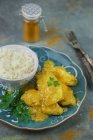 Chicken with turmeric sauce and rice — Stock Photo