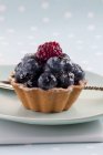 Blueberry tartlet decorated with raspberry — Stock Photo