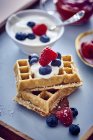 Waffle with cherries on tray — Stock Photo