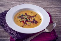 Pumpkin soup with chorizo — Stock Photo