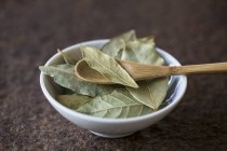 Dried bay leaves and wooden spoon — Stock Photo