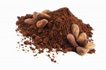 Cacao en polvo y granos de cacao - foto de stock