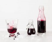 Primo piano vista di sciroppo di ribes nero con vaniglia in un bicchiere e bottiglie — Foto stock