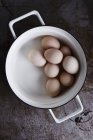Hard-boiled eggs in saucepan — Stock Photo