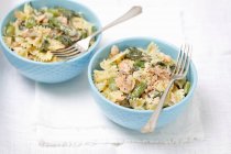 Farfalle pasta with spinach and smoked salmon — Stock Photo