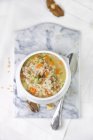 Top view of Barley soup with mushrooms and bacon — Stock Photo