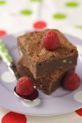 Brownie servindo com framboesas — Fotografia de Stock