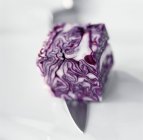 Cube of purple cabbage on knife — Stock Photo
