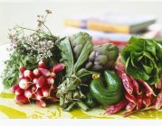 Arrangement of early vegetables on blurred background — Stock Photo
