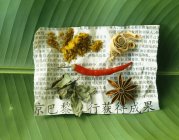 Selection of spices on newspaper over green leaf — Stock Photo