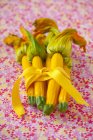 Bunch of yellow courgettes with flowers — Stock Photo