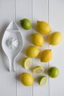 Limones y limas con exprimidor de cerámica - foto de stock