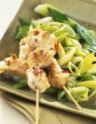 Monkfish skewers with leeks on tray — Stock Photo