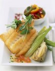 Fried Cod with herbs and vegetables — Stock Photo