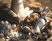 Closeup view of different types of sugars and shovels — Stock Photo