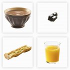 Дитячий сніданок на квадратах миска, сік у склі, хліб та шоколад — стокове фото
