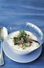Closeup view of creamy prawn soup with chilli and chervil — Stock Photo