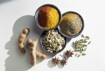 Selection of spices in bowls over white surface — Stock Photo