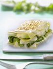 Piece of leek and curly cabbage lasagne — Stock Photo