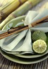 Anillo de servilleta con vainilla y canela sobre platos - foto de stock