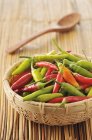 Basket of pimentos in straw basket over straw surface — Stock Photo