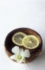 Vista close-up de fatias de limão e flor na tigela — Fotografia de Stock