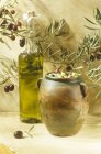 Бутылка оливкового масла и банка оливок — стоковое фото