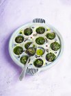 Vue surélevée des escargots cuits verts dans un plat avec cuillère — Photo de stock