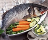 Whole raw bass with fresh vegetables — Stock Photo