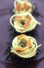 Nidos de pasta de espaguetis con erizos de mar - foto de stock