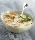Sopa de patatas y crema de salmón - foto de stock