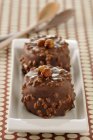 Closeup view of chocolate and hazelnut delicacies with raisins — Stock Photo