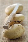 Свежий картофель и нож — стоковое фото