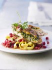 Roasted guineafowl breast with tagliatelle pasta — Stock Photo