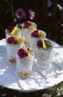 Panacotta with peaches and jelly — Stock Photo