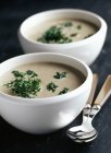 Гриб і суп з петрушкою в білих мисках — стокове фото