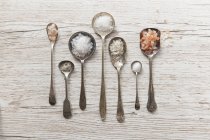 Spoons of diffrent types of salt — Stock Photo
