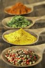 Selection of spices in wooden spoons over wooden surface — Stock Photo