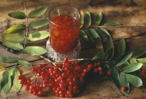 Vista close-up de cranberries com ramos e bebidas — Fotografia de Stock