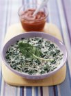 Spinach with yoghurt and paprika soup — Stock Photo
