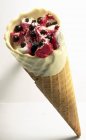 Vanilla and summer fruit ice cream cone — Stock Photo