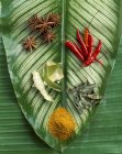 Selezione di spezie su foglia di palma — Foto stock