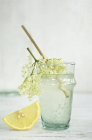 Closeup view of elderflower drink in a glass with a straw, elderflowers and a wedge of lemon — Stock Photo
