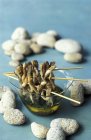 Closeup view of razor clam skewers with chive vinaigrette — Stock Photo