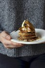 Pancakes with poached pears — Stock Photo